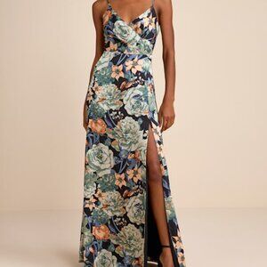 Lulus Radiant Occasion Black Multi Floral Satin A-line Maxi Dress - Size M